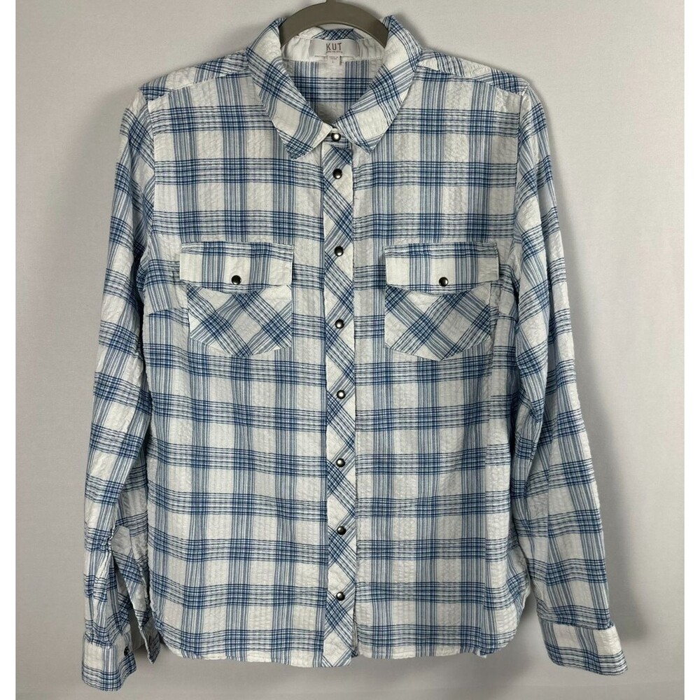 KUT from the Kloth Snap Front Western Shirt L Blue White Plaid Coastal‎ Cowgirl